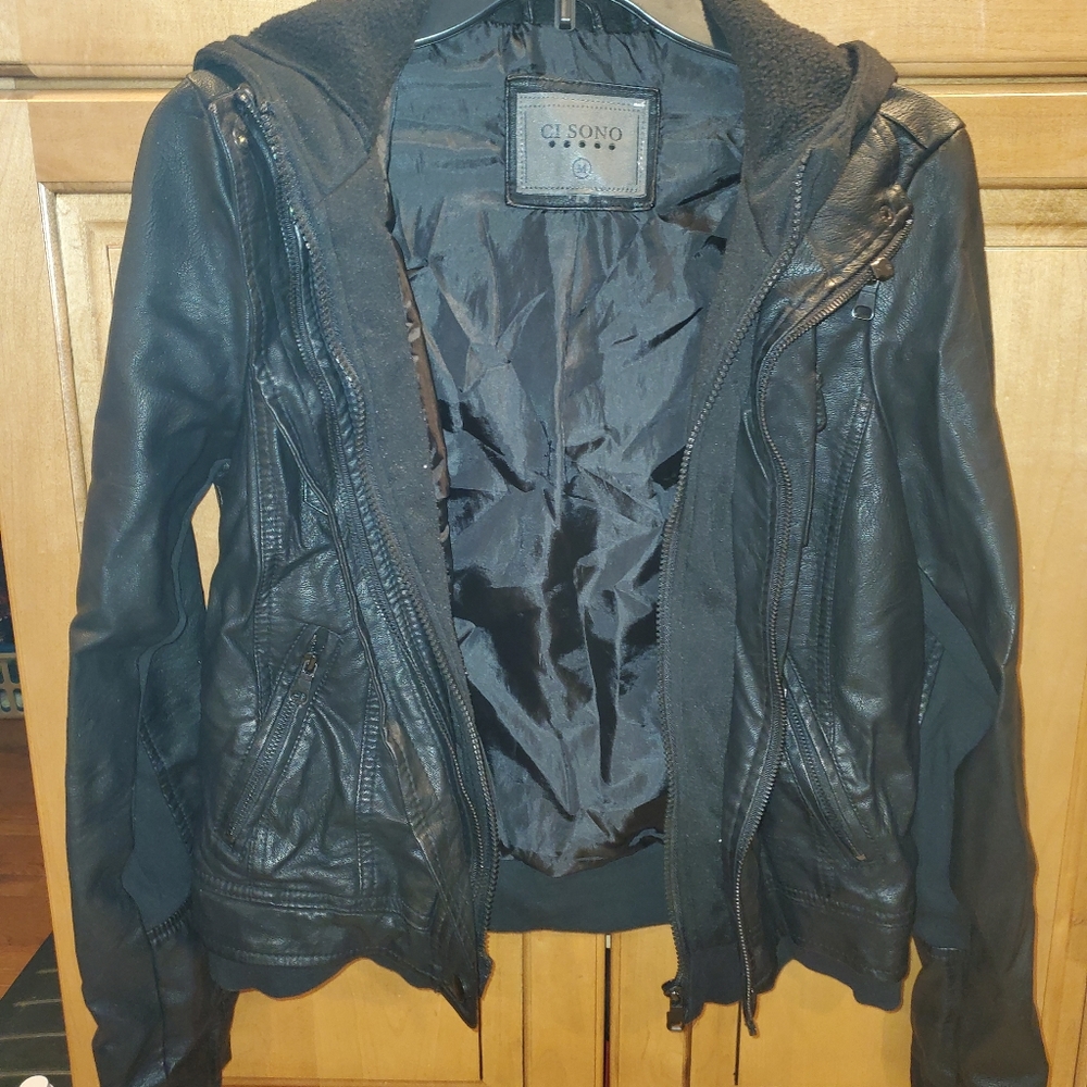Leather jacket with hoodie